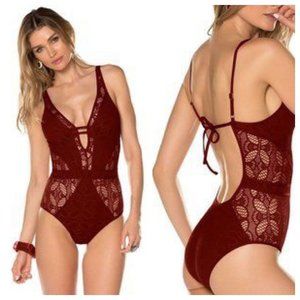 Becca Color Play Crochet One Piece Swimsuit Red Plunge Neckline